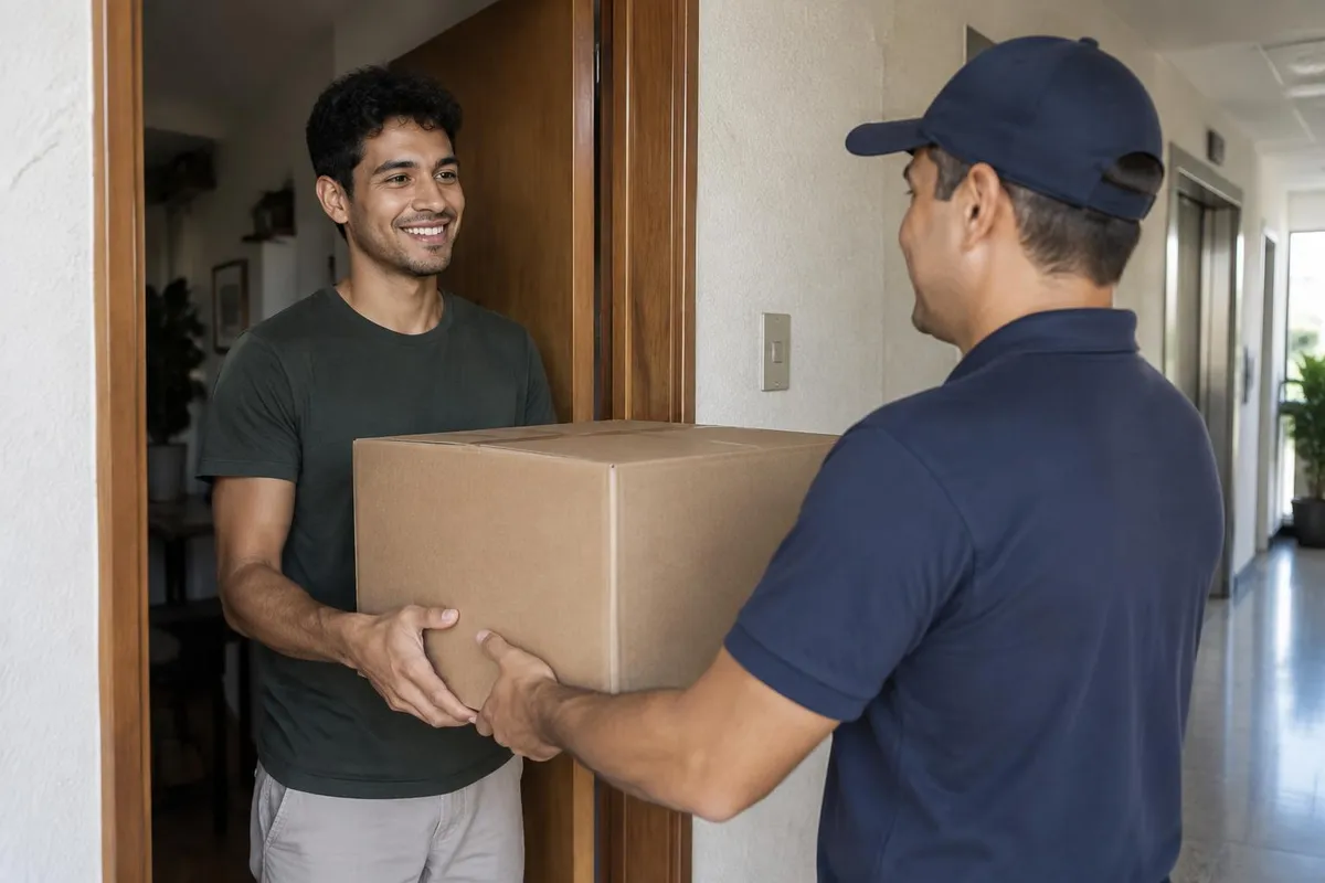 Rapaz recebendo uma caixa grande de papelão de um entregador na porta do apartamento