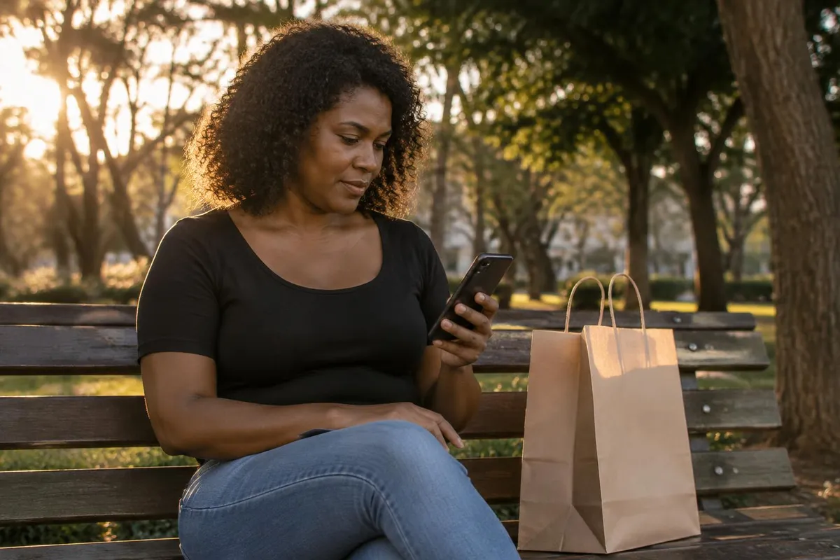 Mulher sentada no banco de uma praça segura o celular, com uma sacola de compras de papel ao lado