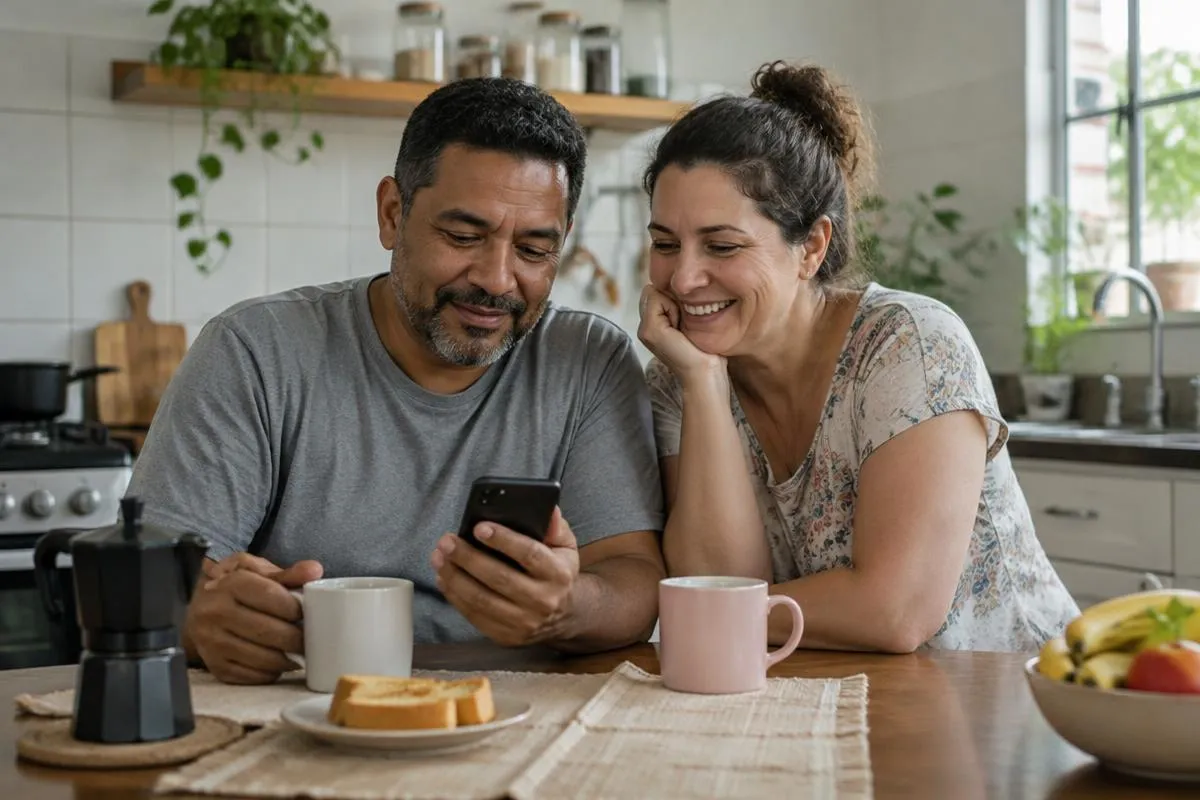 Casal sentado à mesa da cozinha com xícaras de café olha junto para um celular, sob a luz natural da manhã