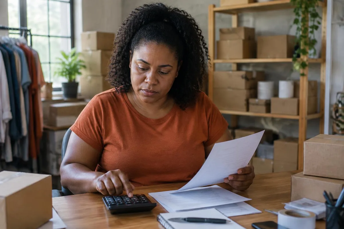 Dona de pequena loja revisa papéis com uma calculadora em um escritório com caixas de pedidos ao fundo