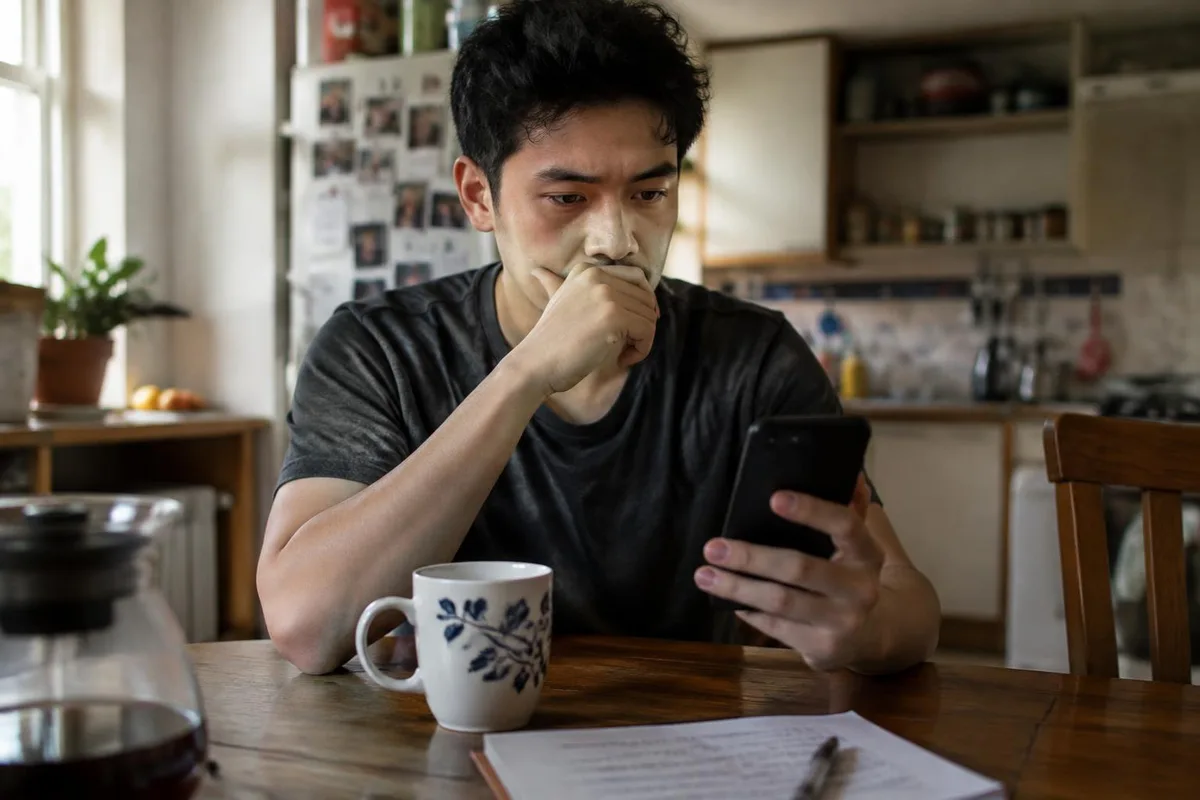 Jovem sentado à mesa da cozinha olha pensativo para o celular, com uma xícara de café ao lado