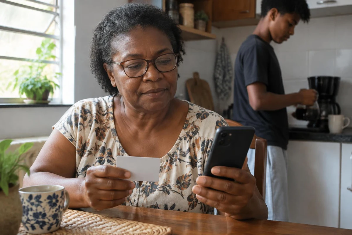 Mulher de óculos sentada à mesa da cozinha segura um cartão e o celular, enquanto um jovem prepara café ao fundo