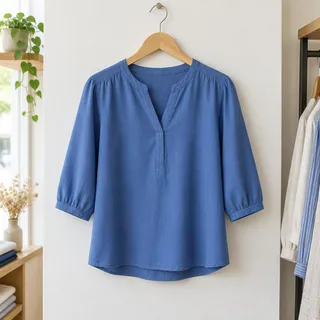 Blusa de algodão azul num cabide de madeira